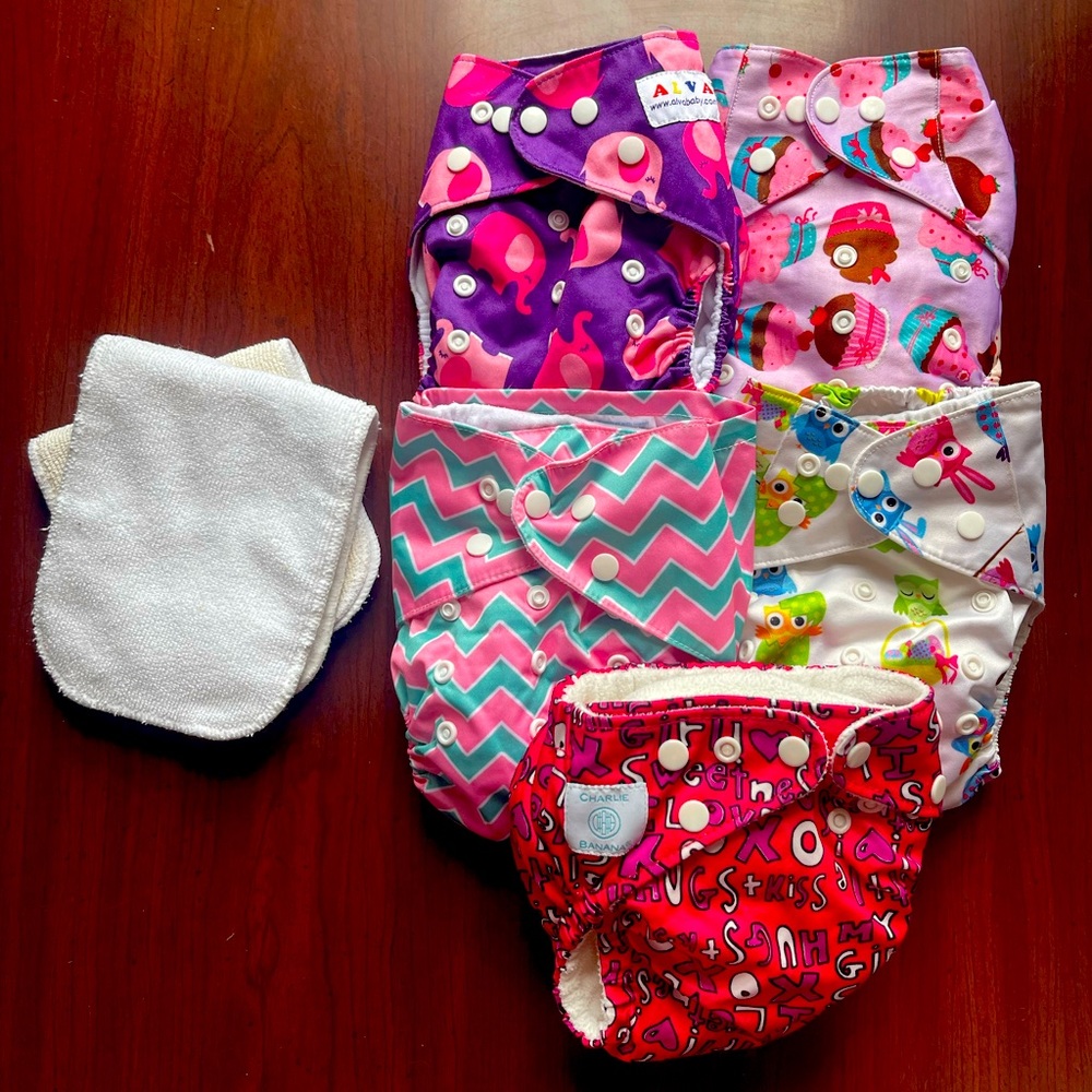 5 Cloth Diapers (plus extra liners)